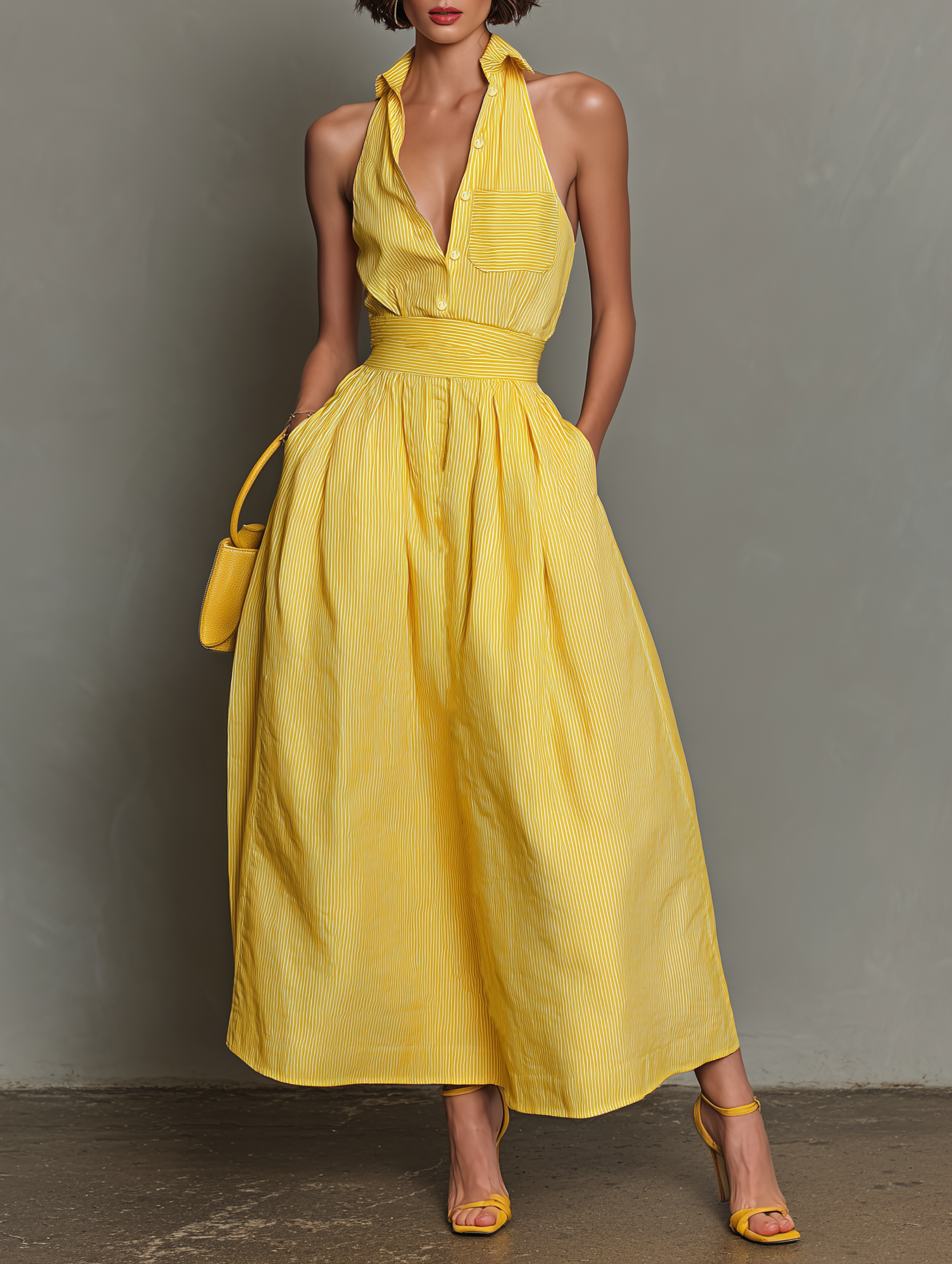 yellow striped maxi dress Women's Minimalist Striped Lapel Sleeveless Maxi Dress MDZ1099D5Y – Modesees