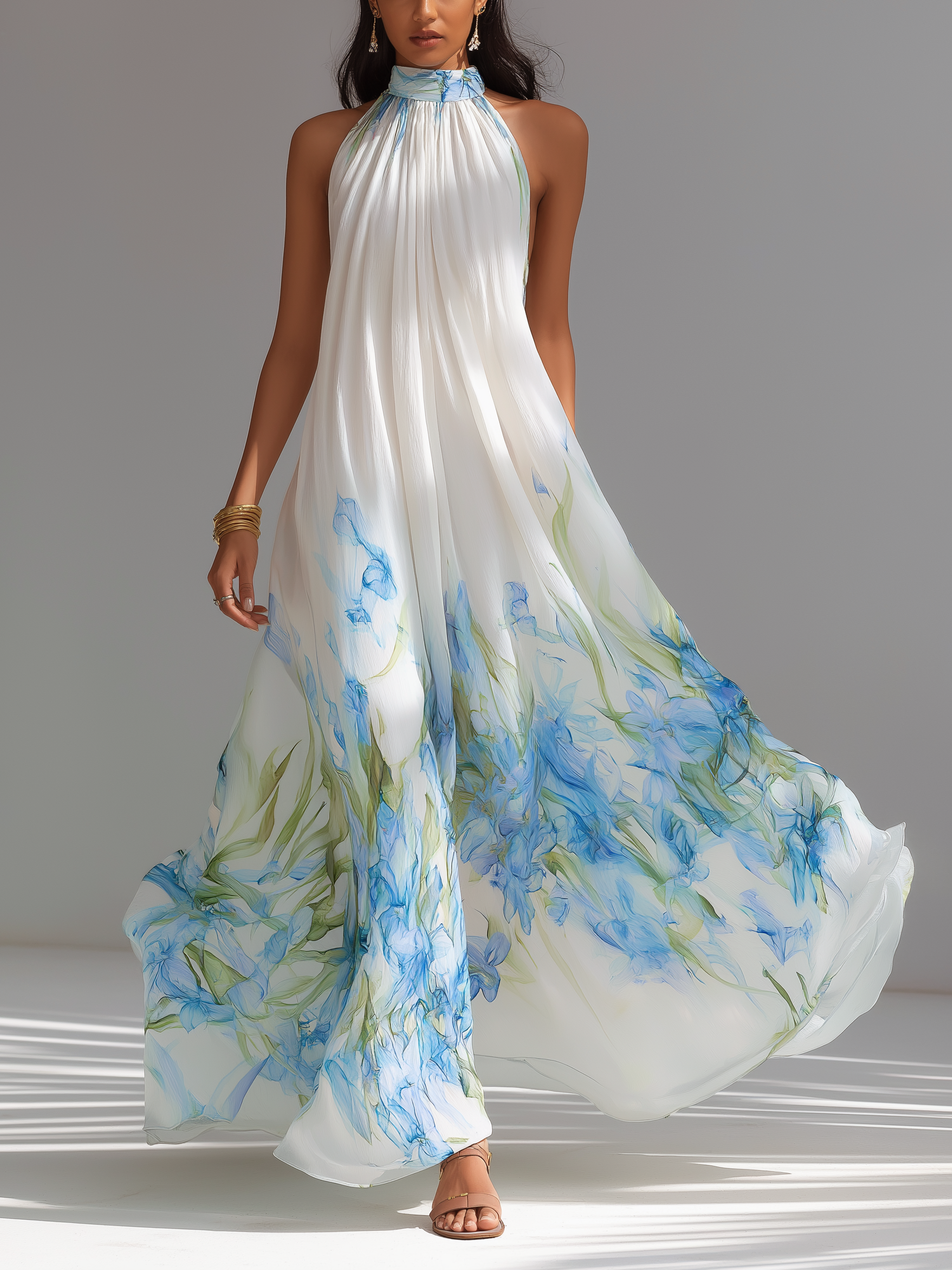 white floral print chiffon halterneck maxi dress Peach Chiffon Floral Ruffle Detail Halterneck Maxi Dress