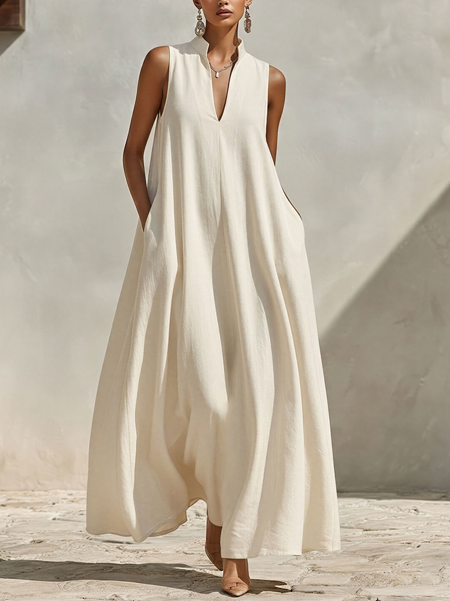 Women's Cream Linen-Blend Sleeveless Maxi Dress With Stand Collar & V- –  Modesees