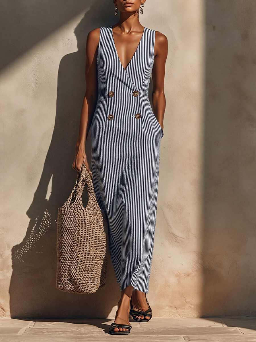Women's Blue-White Striped Cotton-Blend Maxi Dress With Blazer Style & –  Modesees