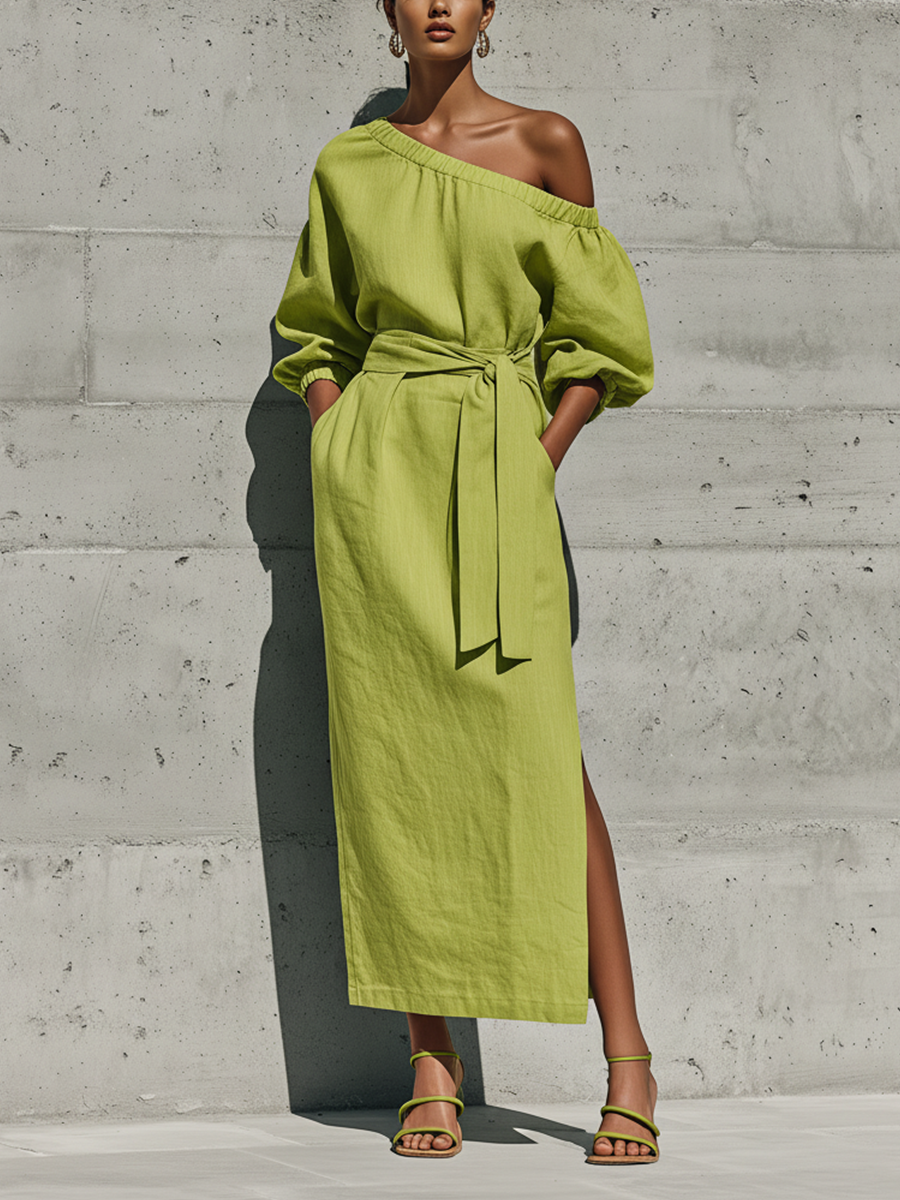 midi dress side slits Women's Lime Green Linen-Blend Off-The-Shoulder Puff Sleeve Tie Waist – Modesees Organic Cable Sweater Dress collection-amsale-bridesmaids a chic choice in Beden:10
