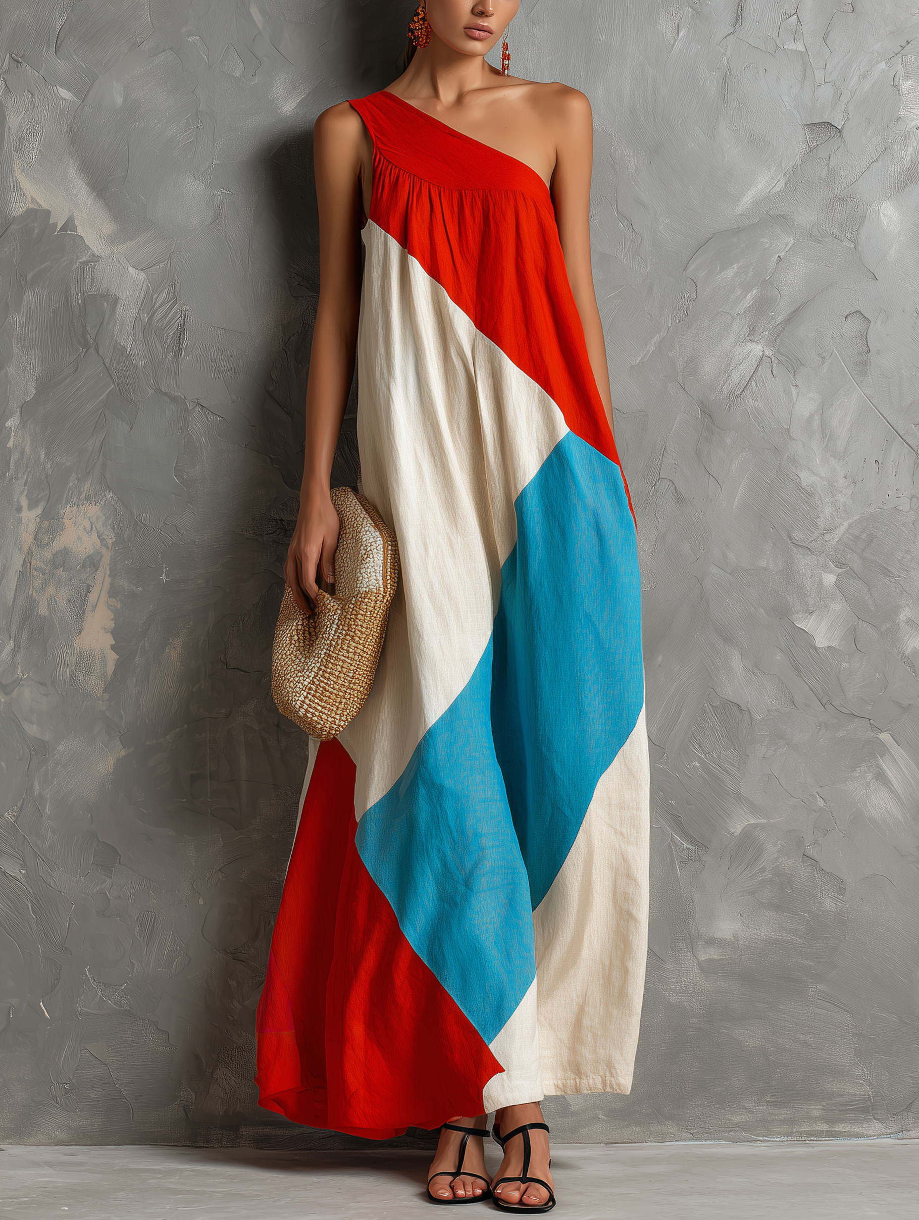 red white and blue casual dress Women's Casual Red, White, And Blue Color-Block Cotton-Linen One-Shoul –  Modesees