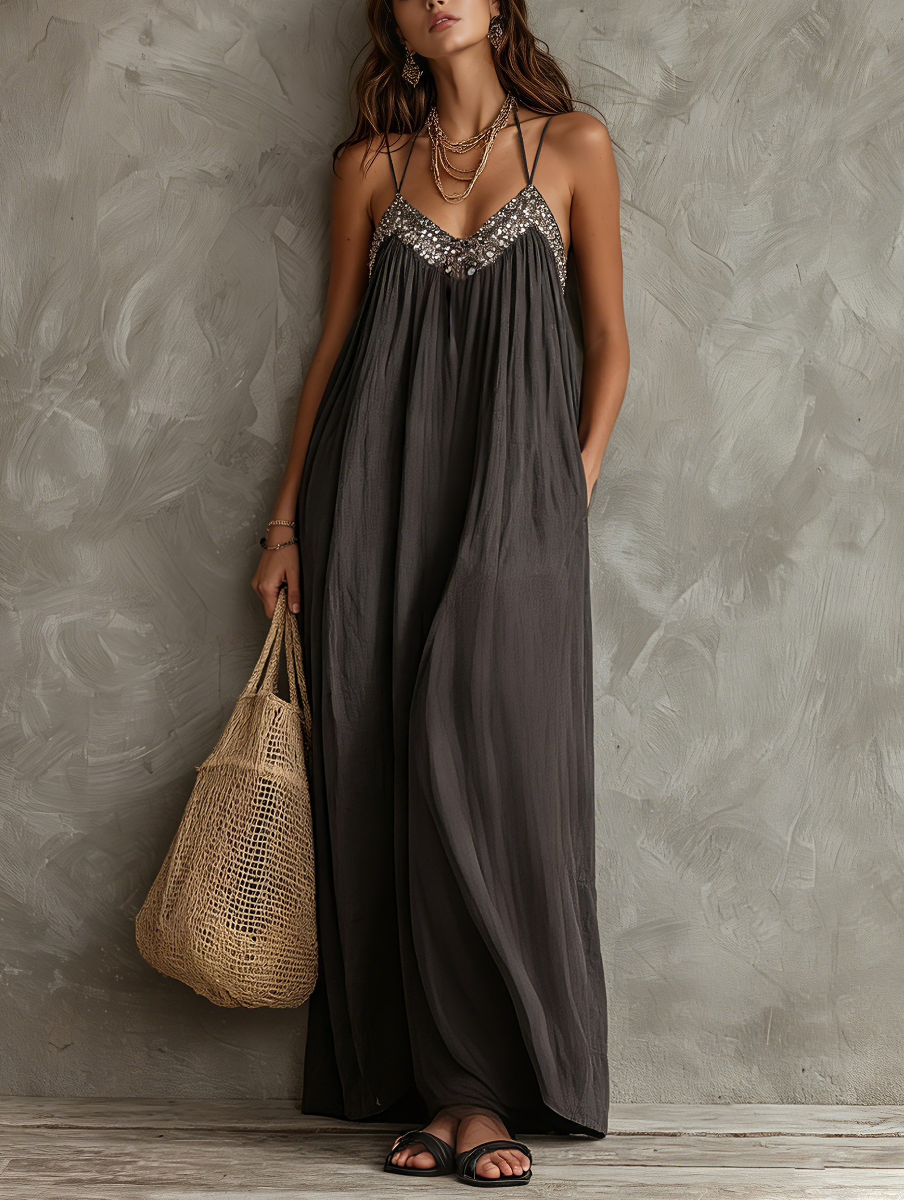 splicing maxi casual dress Women's Dark Grey Woven V-neck Featuring Sequined Ca – Modesees color: Natural Brand New ZARA Long Wide hem Color:Pink Shadow