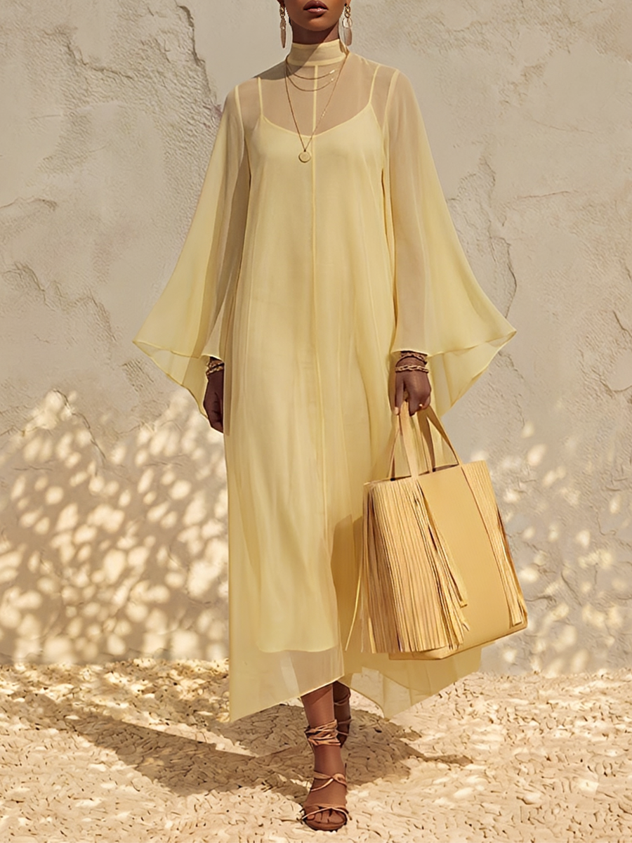 mock neck boho dress Women's Pale Yellow Sheer Chiffon Maxi With Bell Flare – Modesees instock:bleckmann Helly R-Severance I-like the Color:WHITE