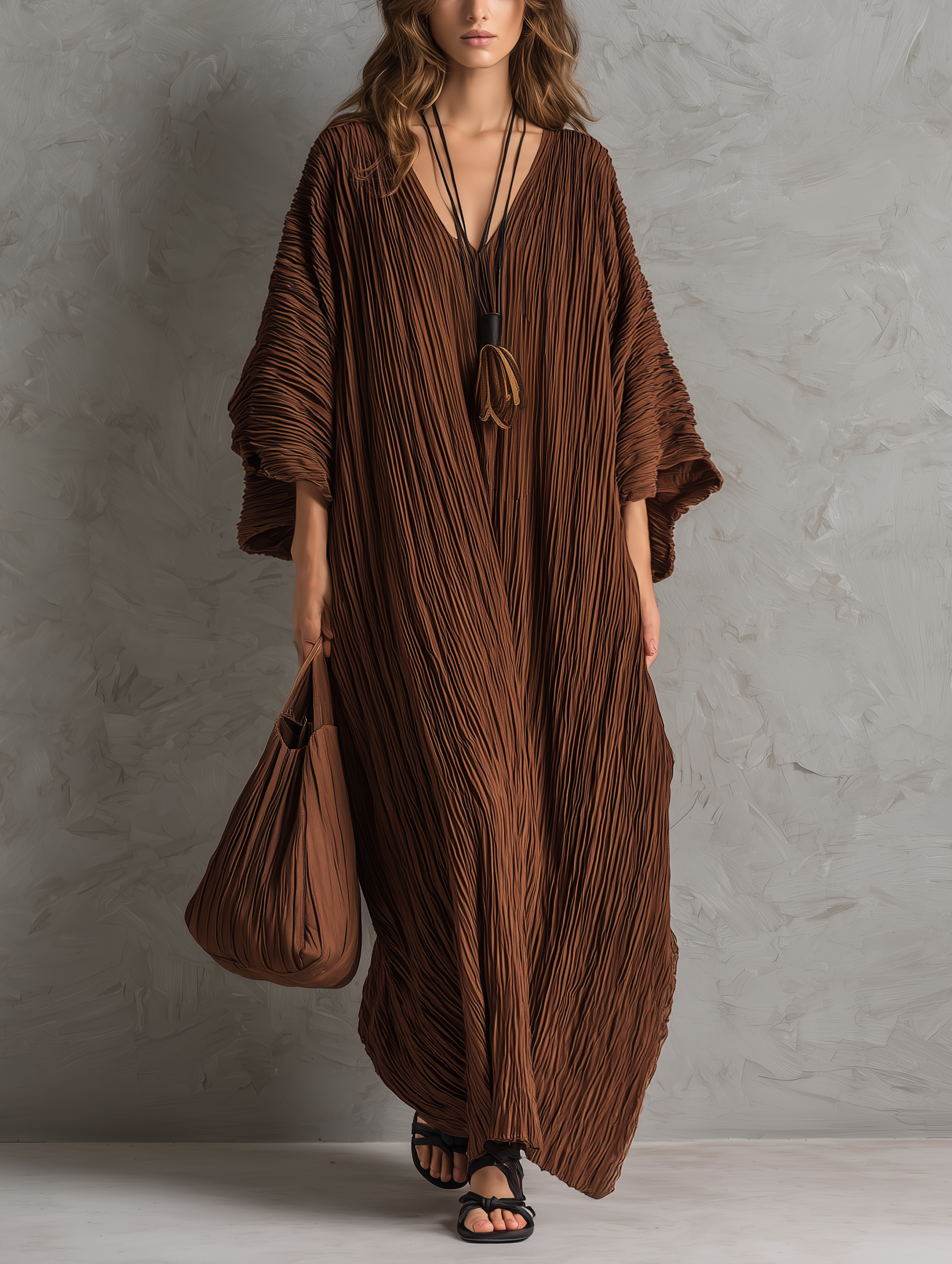Women's Casual Brown Woven Pleated V-Neck Batwing-Sleeve Loose Maxi Dr – Modesees