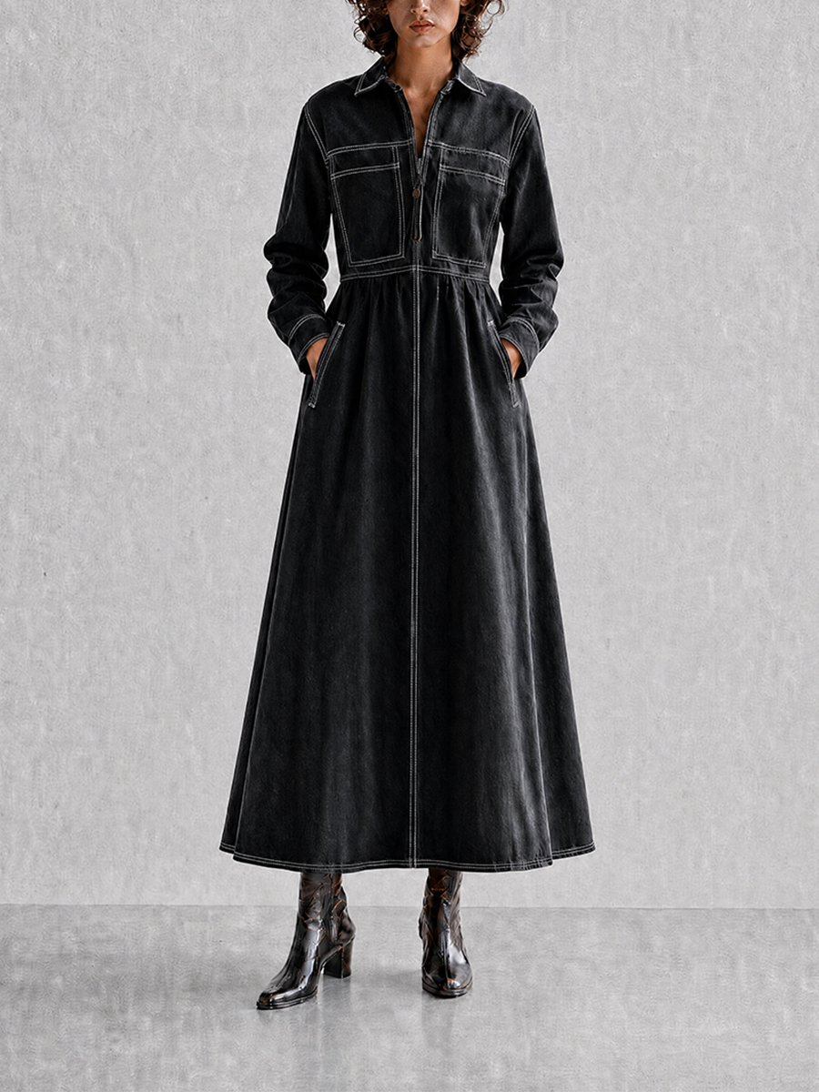 Women's Black Contrast-Stitch Collared Long-Sleeve Cinched-Waist Denim – Modesees