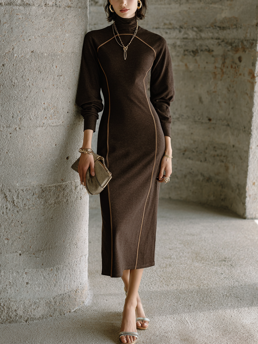 Women's Elegant Slim Dark Brown Cotton Blend Turtleneck Contrast Stitc – Modesees
