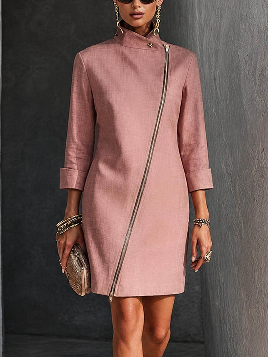 Women's Elegant Dusty Pink Cotton Linen Asymmetric Zip Stand Collar Mi – Modesees