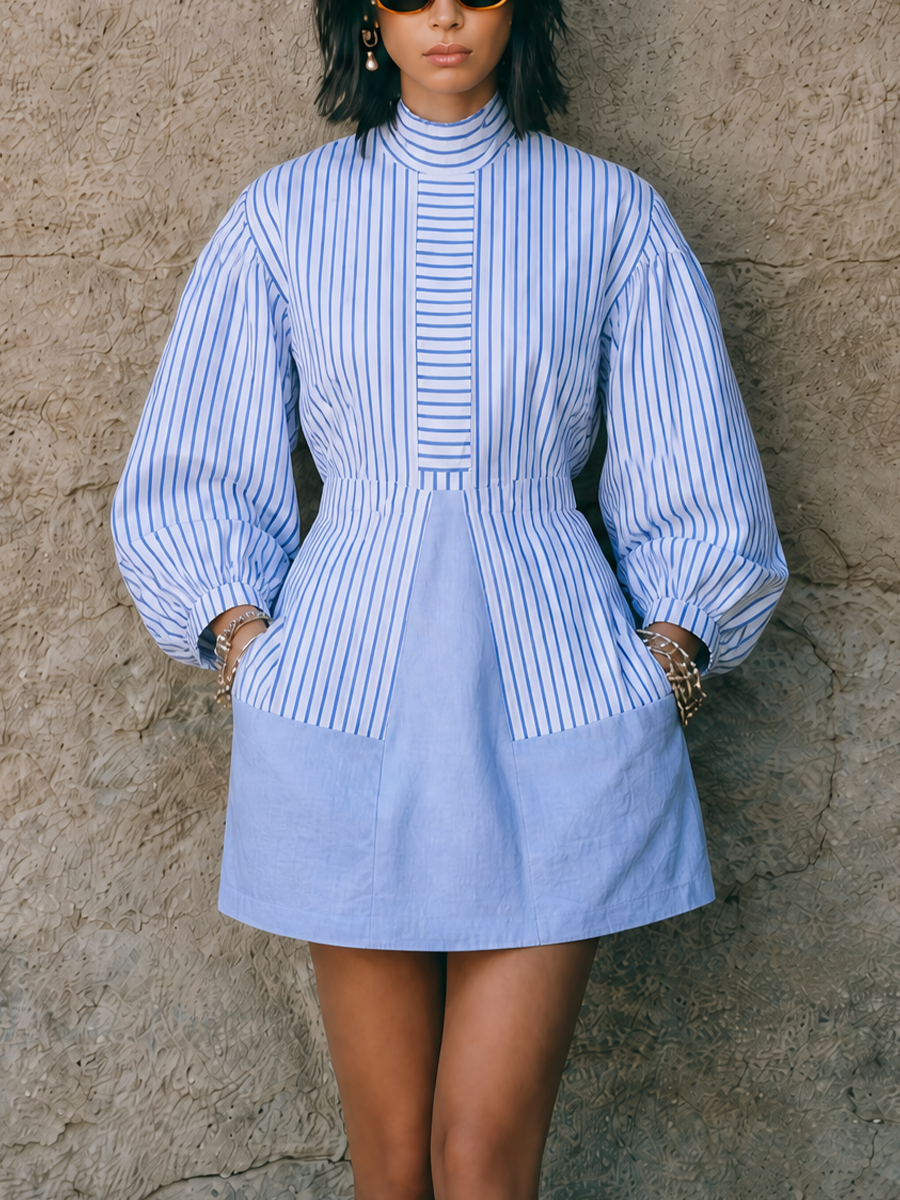 Women's Elegant Blue White Cotton Blend Striped Waist-Seamed Lantern S – Modesees
