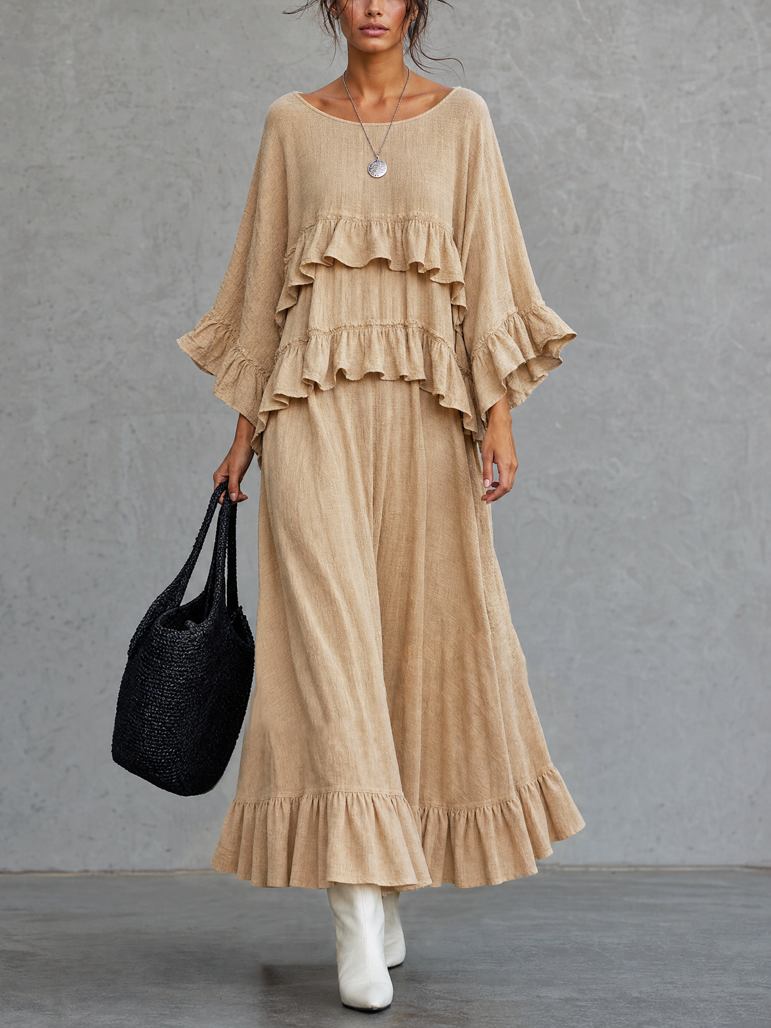 Women's Casual Khaki Long-sleeve Maxi Dress With A Textured Woven Fini – Modesees