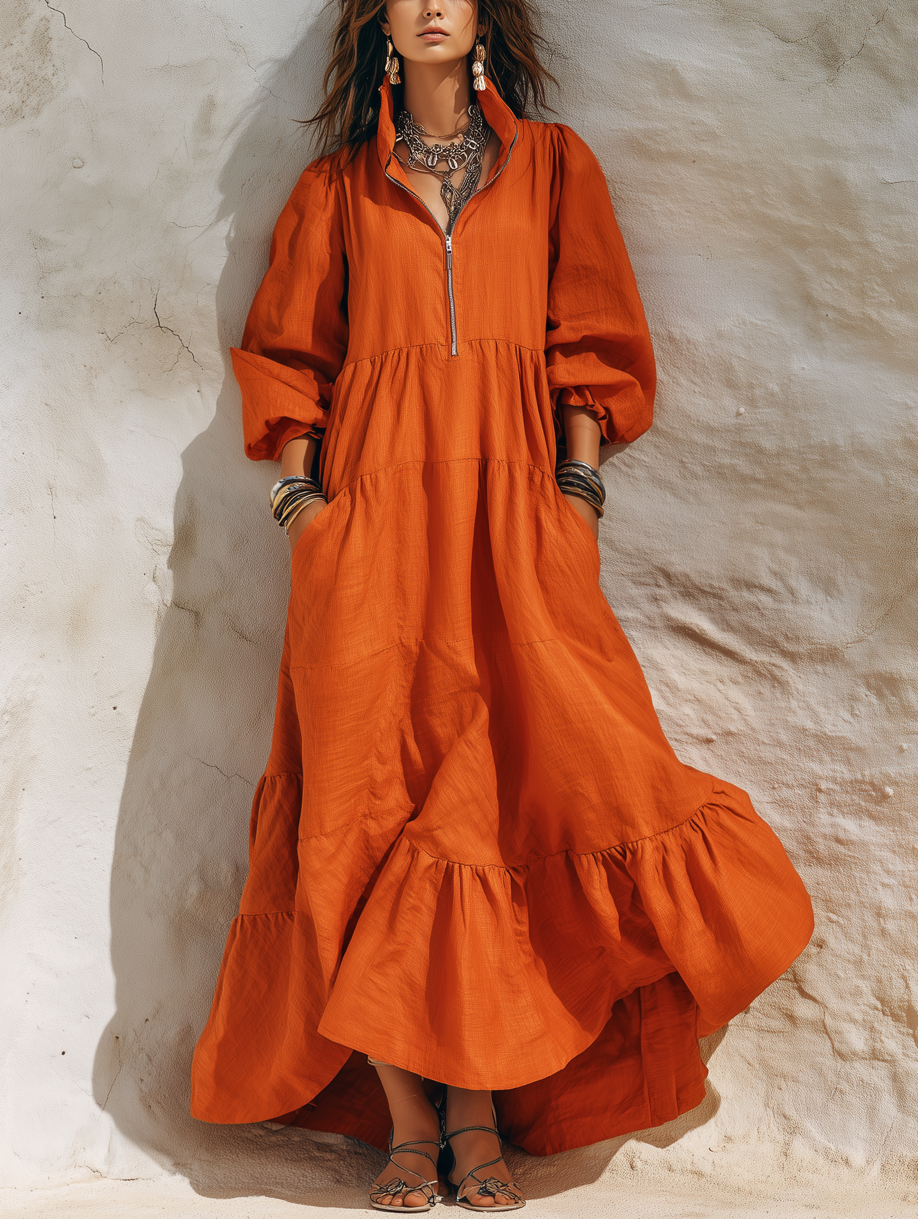 Women's Casual Orange Cotton-Linen Maxi Dress With Half-Zip Collar And – Modesees