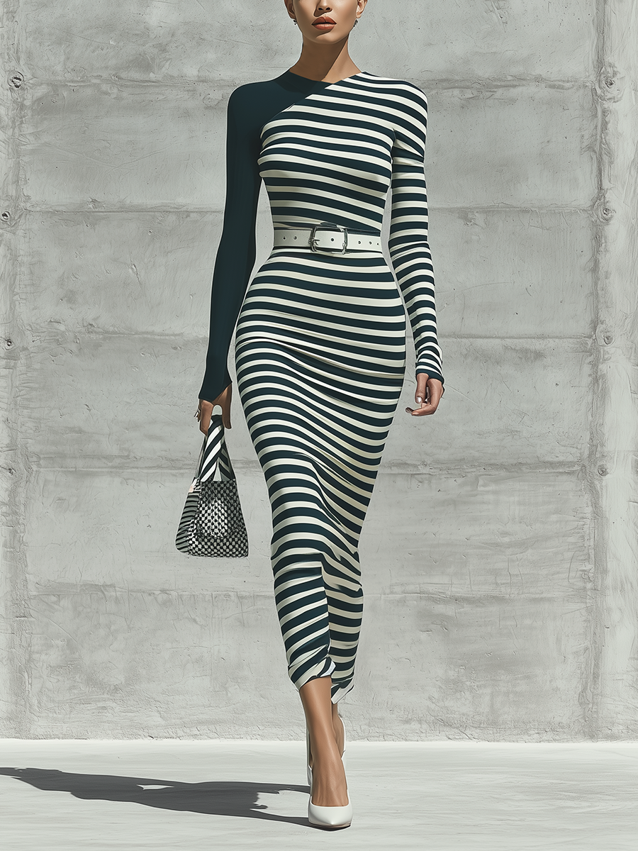Women's Black And White Horizontal Stripe Color Block Asymmetric Neck – Modesees
