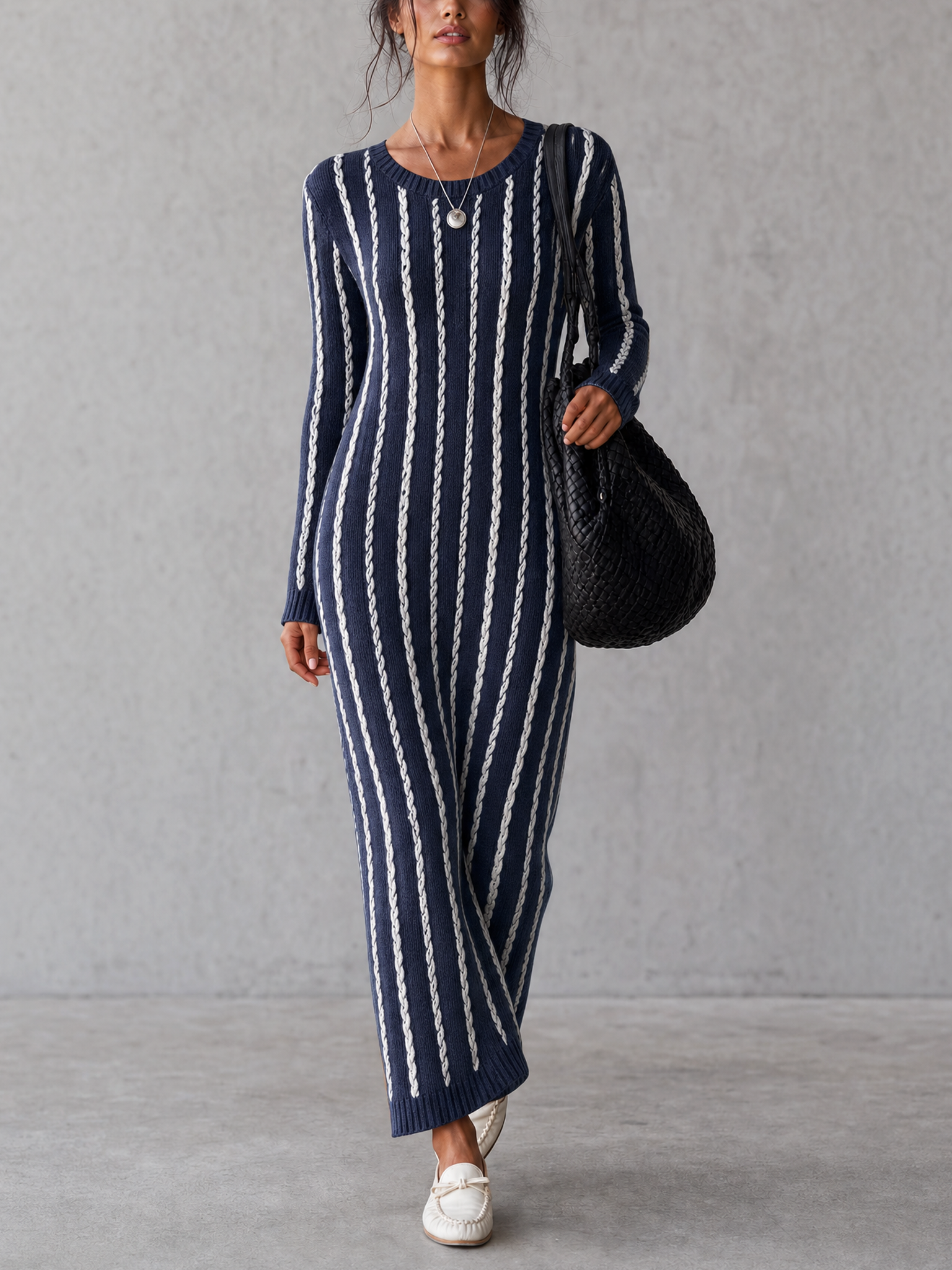 Women's Casual Navy Blue And White Long-sleeved Knitted Maxi Dress MDZ – Modesees