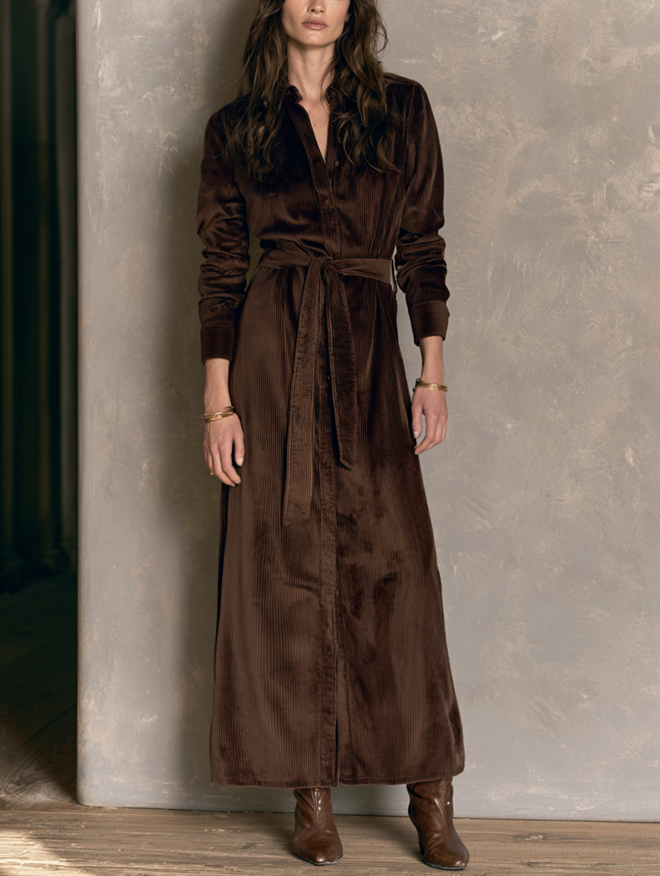 Women's Casual Dark Brown Corduroy Long Sleeve Belted Maxi Shirt Dress – Modesees