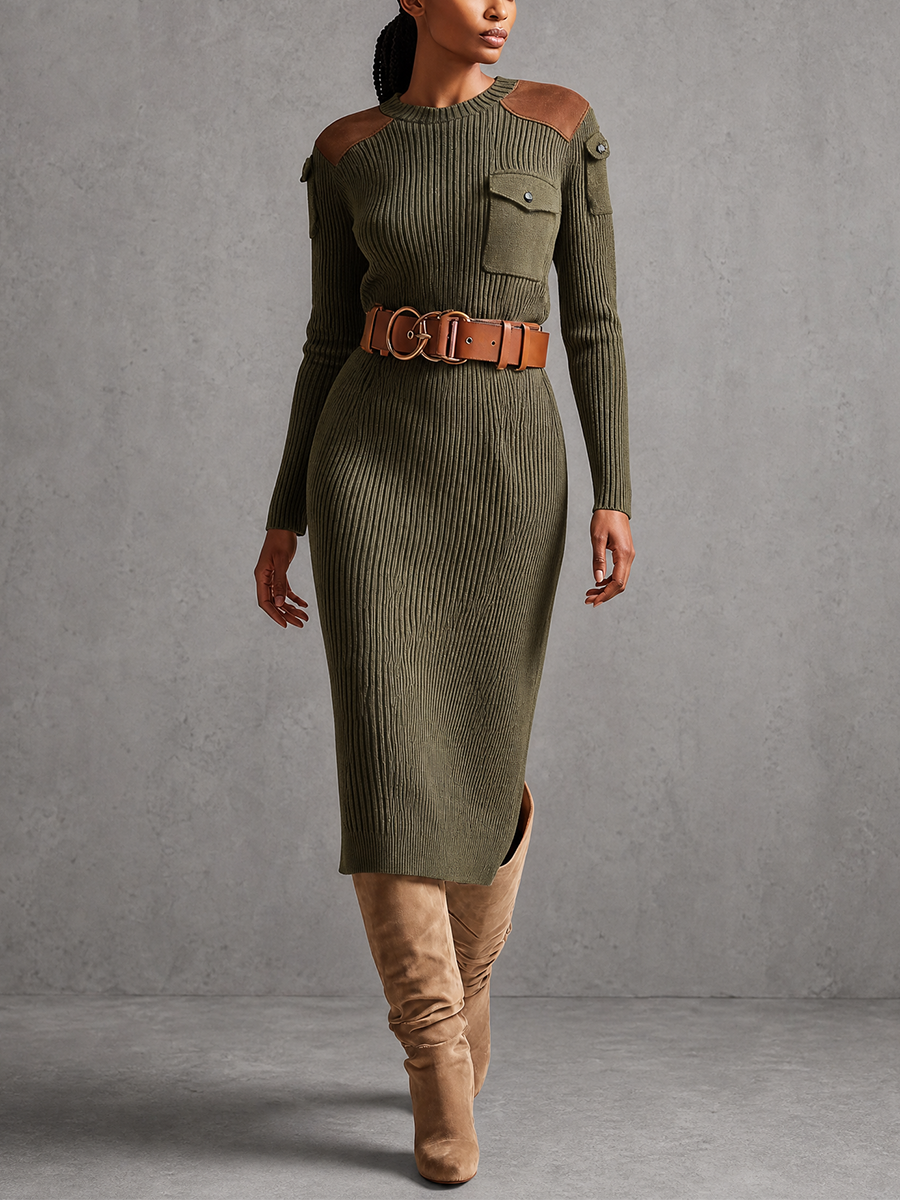 Women's Ribbed Knit Sweater Dress With Suede Shoulder Patches And Ches – Modesees