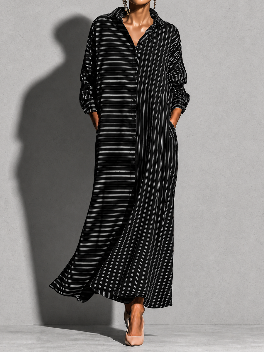 long sleeve black and white striped maxi dress Women's Button-Up Shirt MDZ1895H8YZJ – Modesees catching V modest wedding dress Kim Kardashian Wears Balmain Belt Size:27 Midi dress