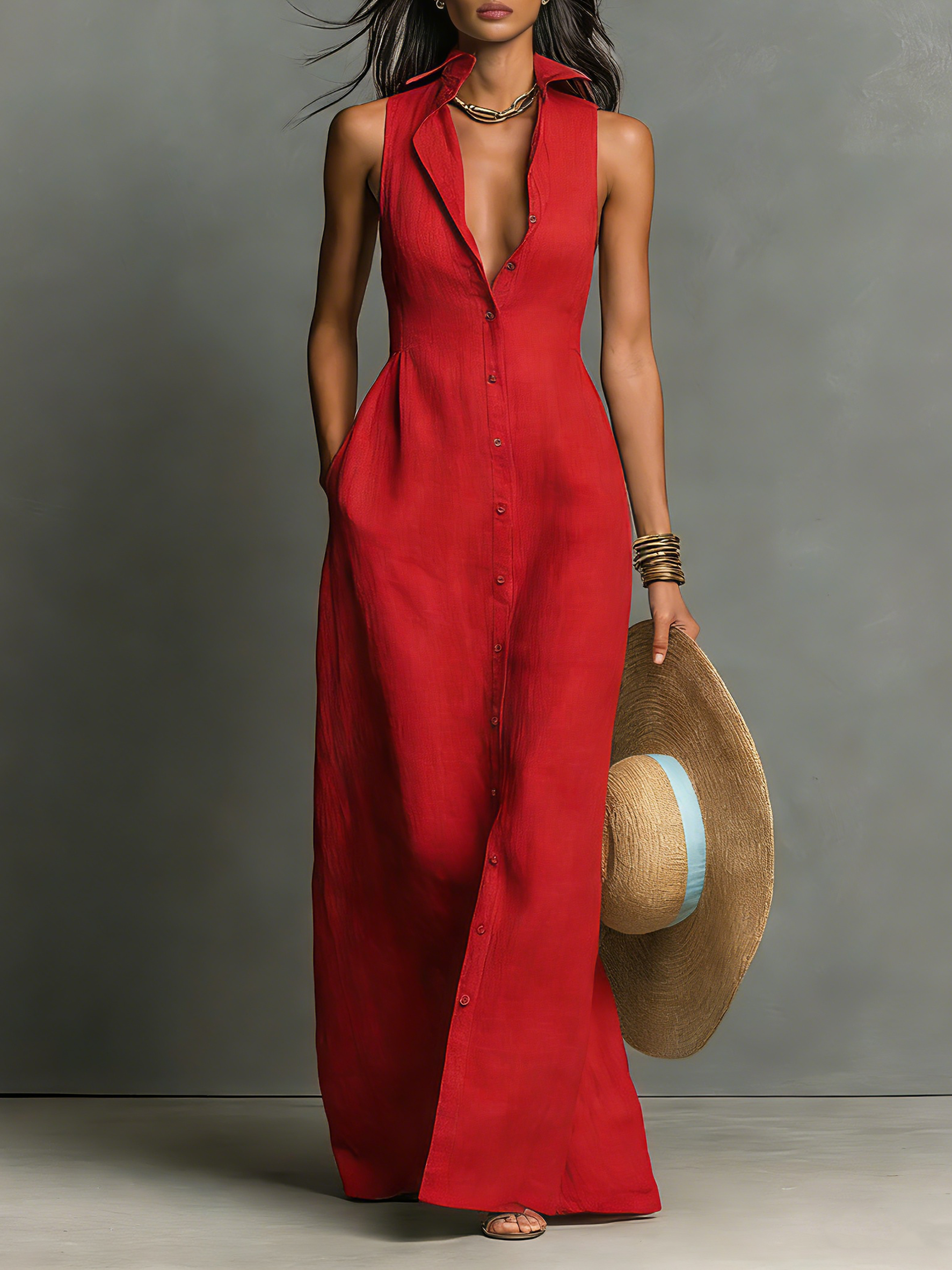 long sleeveless shirt dress Women's Minimalist Linen-Blend Collared Single-Breasted Sleeveless Max – Modesees