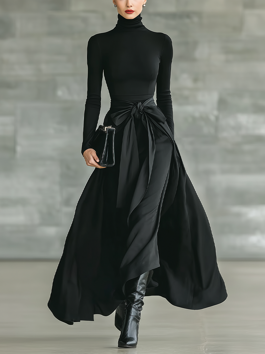 Women's Black High-Neck High-Stretch Knitted And Satin Flared Maxi Dre