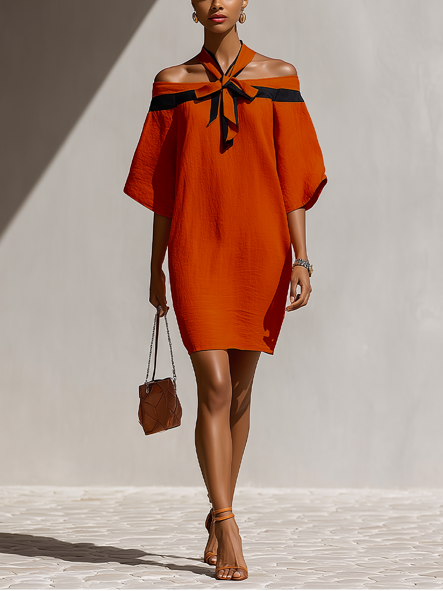 orange and black dress Women's Orange Off-Shoulder Mini Dress With Black Bow Neck Detail MDZ1 –  Modesees