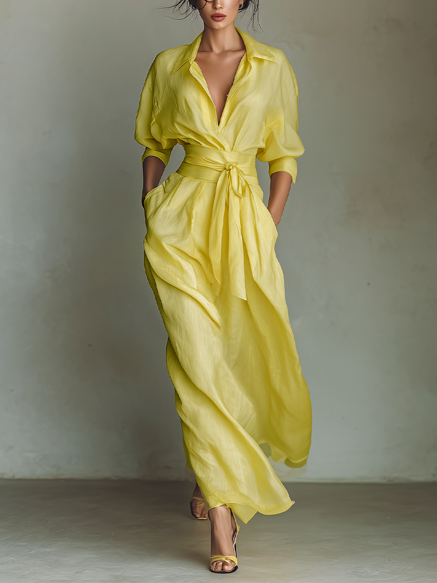 Women's Lemon Yellow Cotton And Linen Blend Maxi Shirt Dress With Tie – Modesees