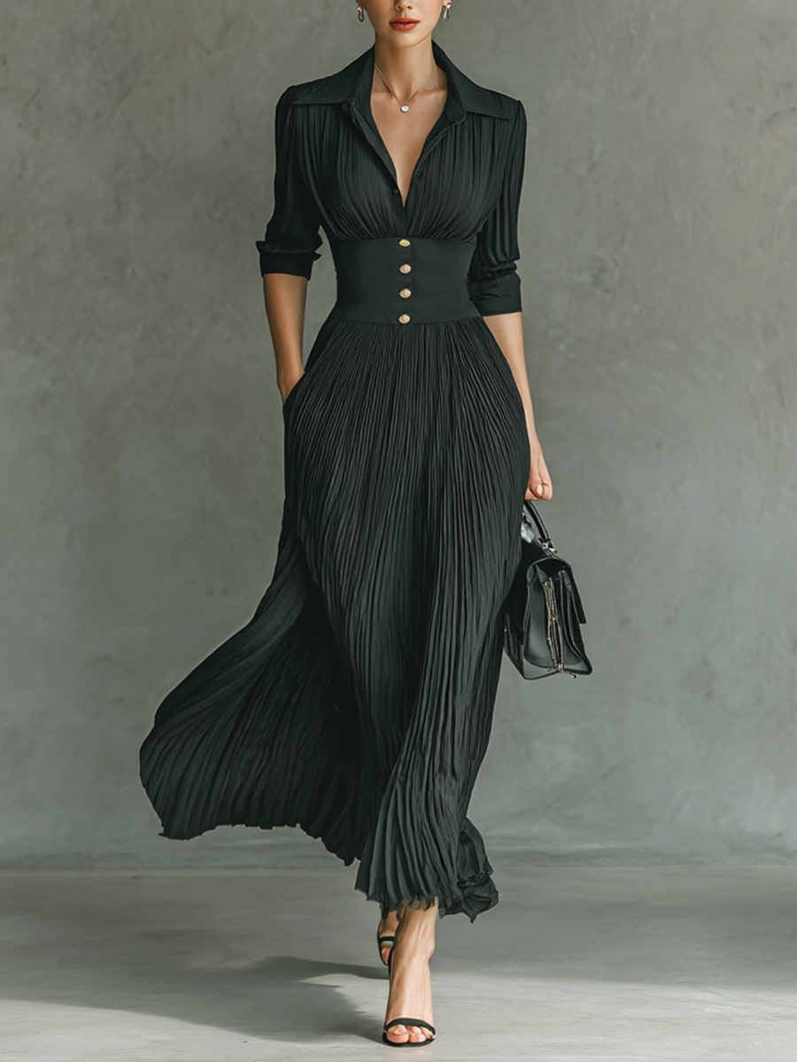 Women's Solid Color Pleated Lapel Waist Long Sleeve Maxi Dress MDA0826 Modesees Women's Solid Color Pleated Lapel Waist Long Sleeve Maxi Dress MDA0826 Modesees