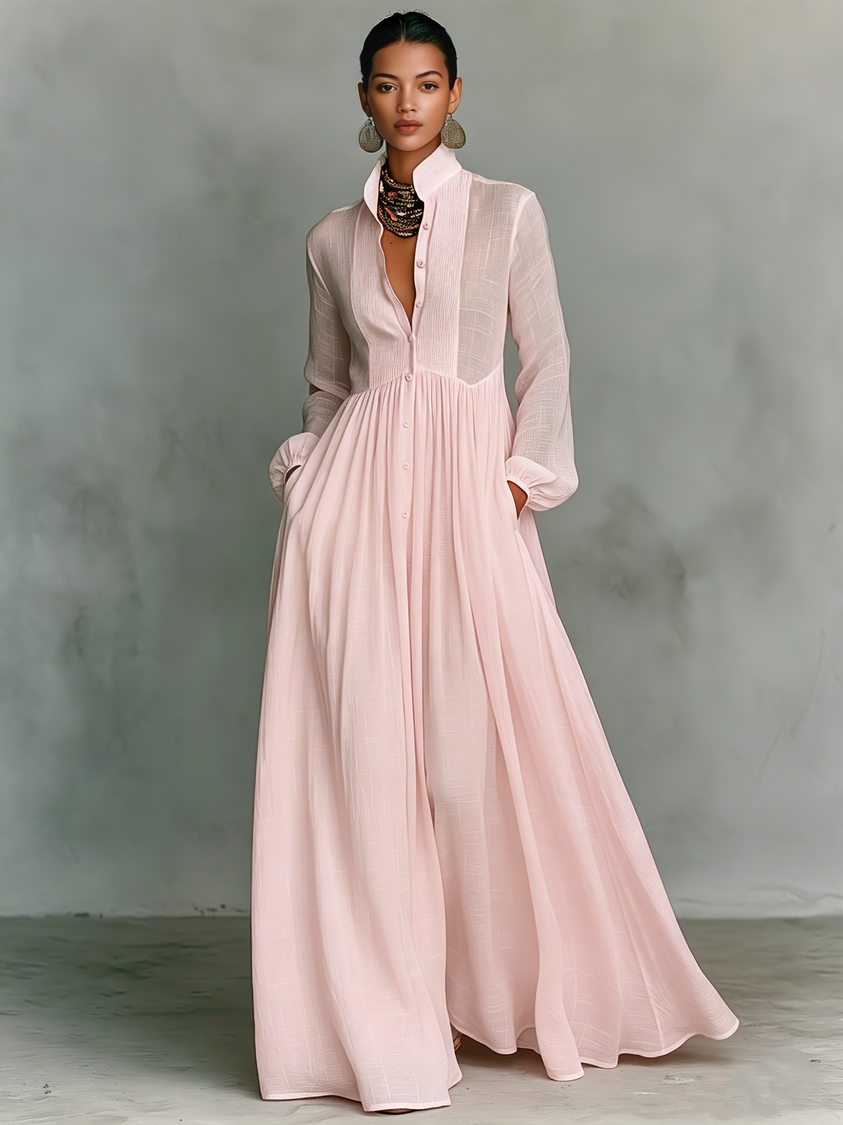 Women's Minimalist Tencel And Linen Patchwork Single-breasted Stand-up Collar Long-sleeved Maxi Dress MDA0658K6Y