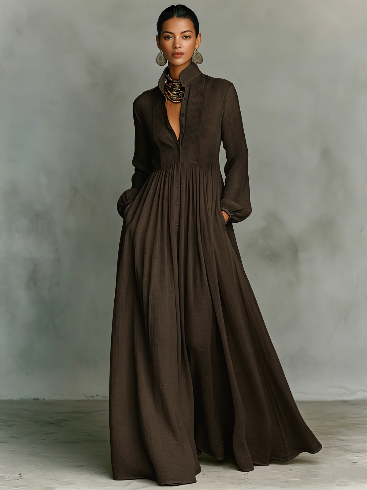 Women's Minimalist Tencel And Linen Patchwork Single-breasted Stand-up Collar Long-sleeved Maxi Dress MDA0658K6Y