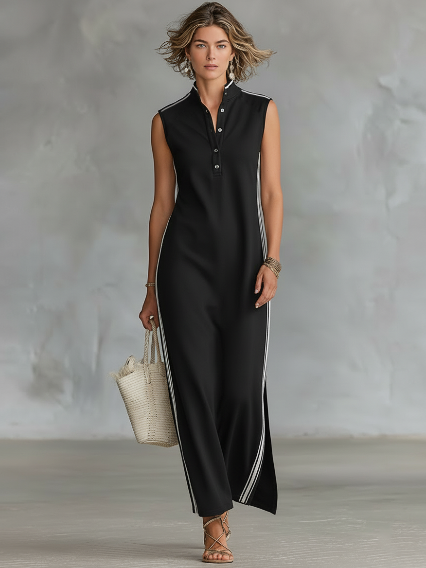 Women's Minimalist Athletic-Style Sleeveless Henley Maxi Dress MDZ1960 – Modesees