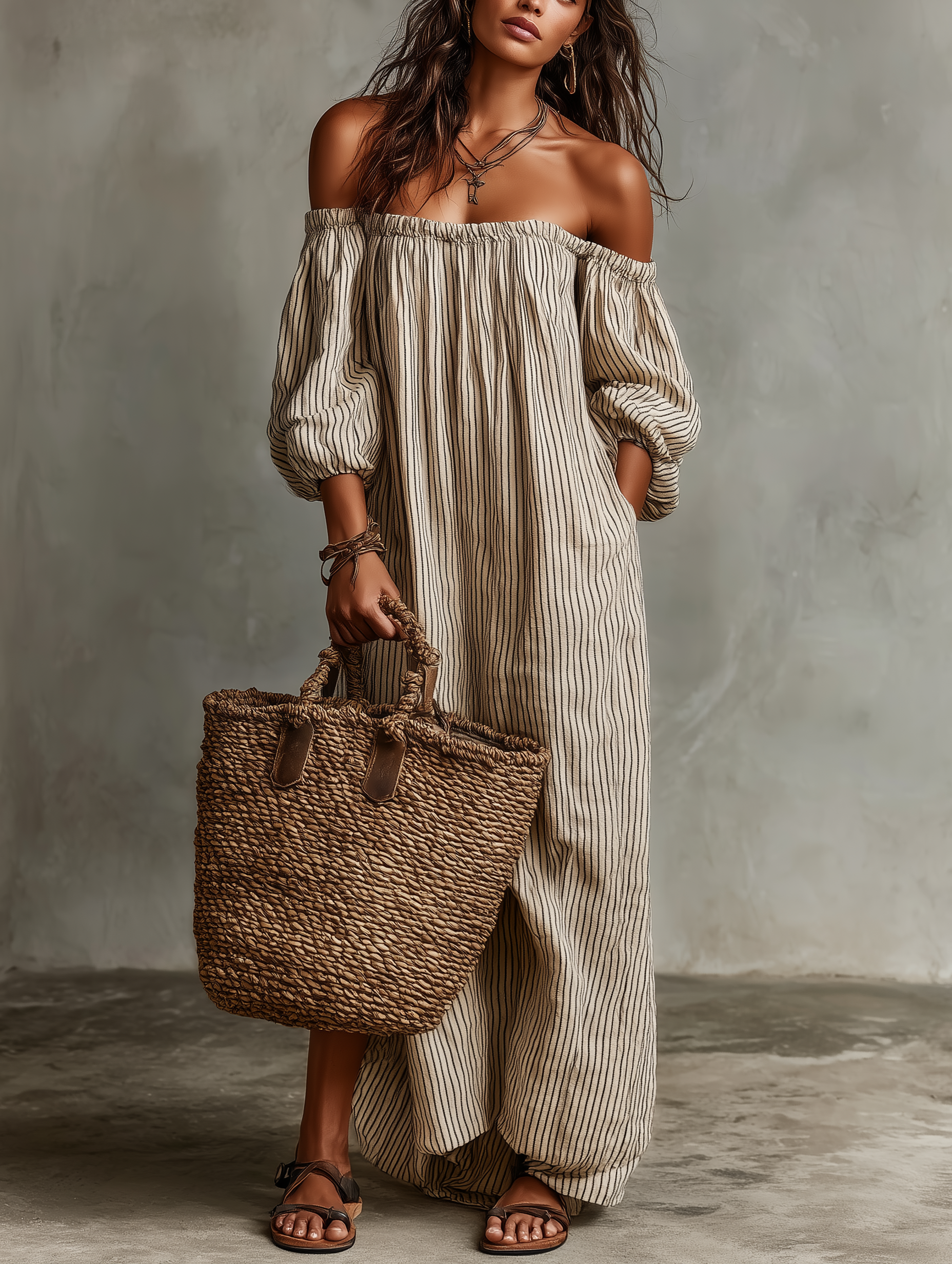 Women's Vacation Cotton-linen Blend Off-shoulder Long-sleeved Maxi Dre –  Modesees