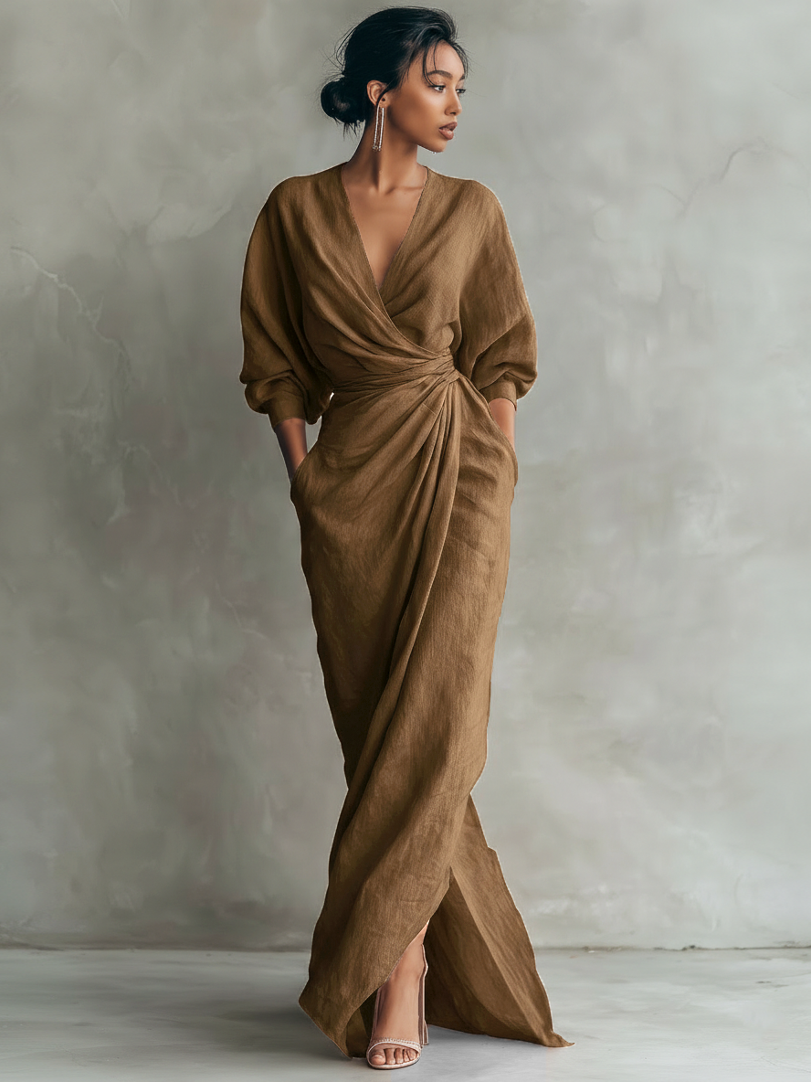 Women's Pink Minimalist V-neck Linen Blend Maxi Dress MDA1655L0Y