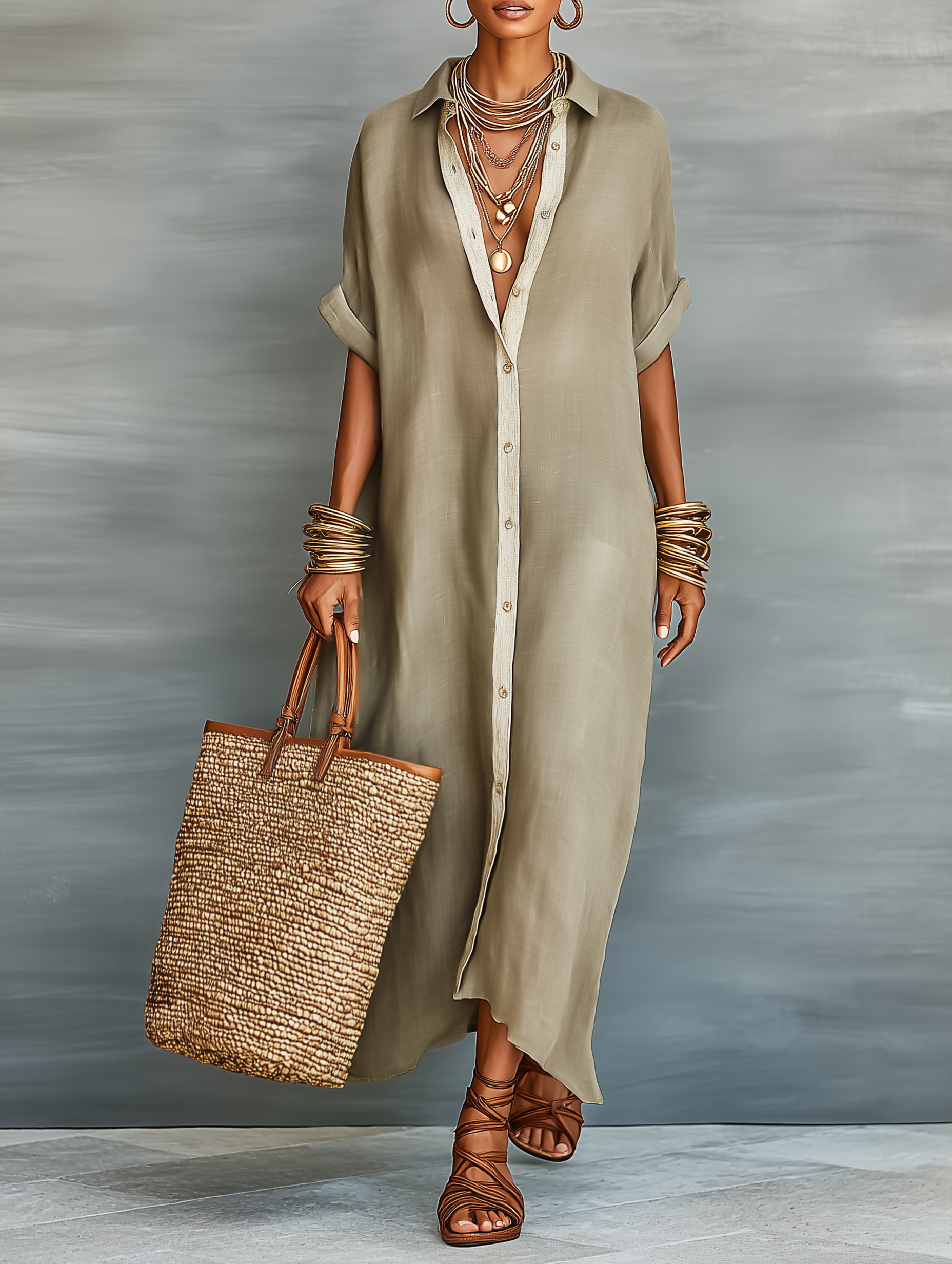 Women's Minimalist Linen Blend Short-sleeved Shirt Maxi Dress MDZ0647A –  Modesees