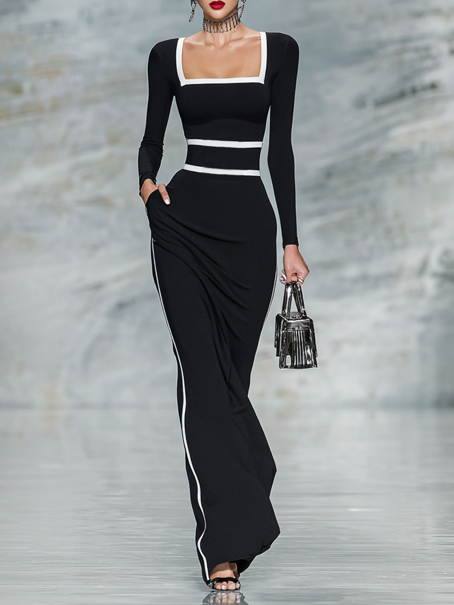 Women's Black And White Trim Square Neck Long Sleeve Tight Maxi Dress – Modesees