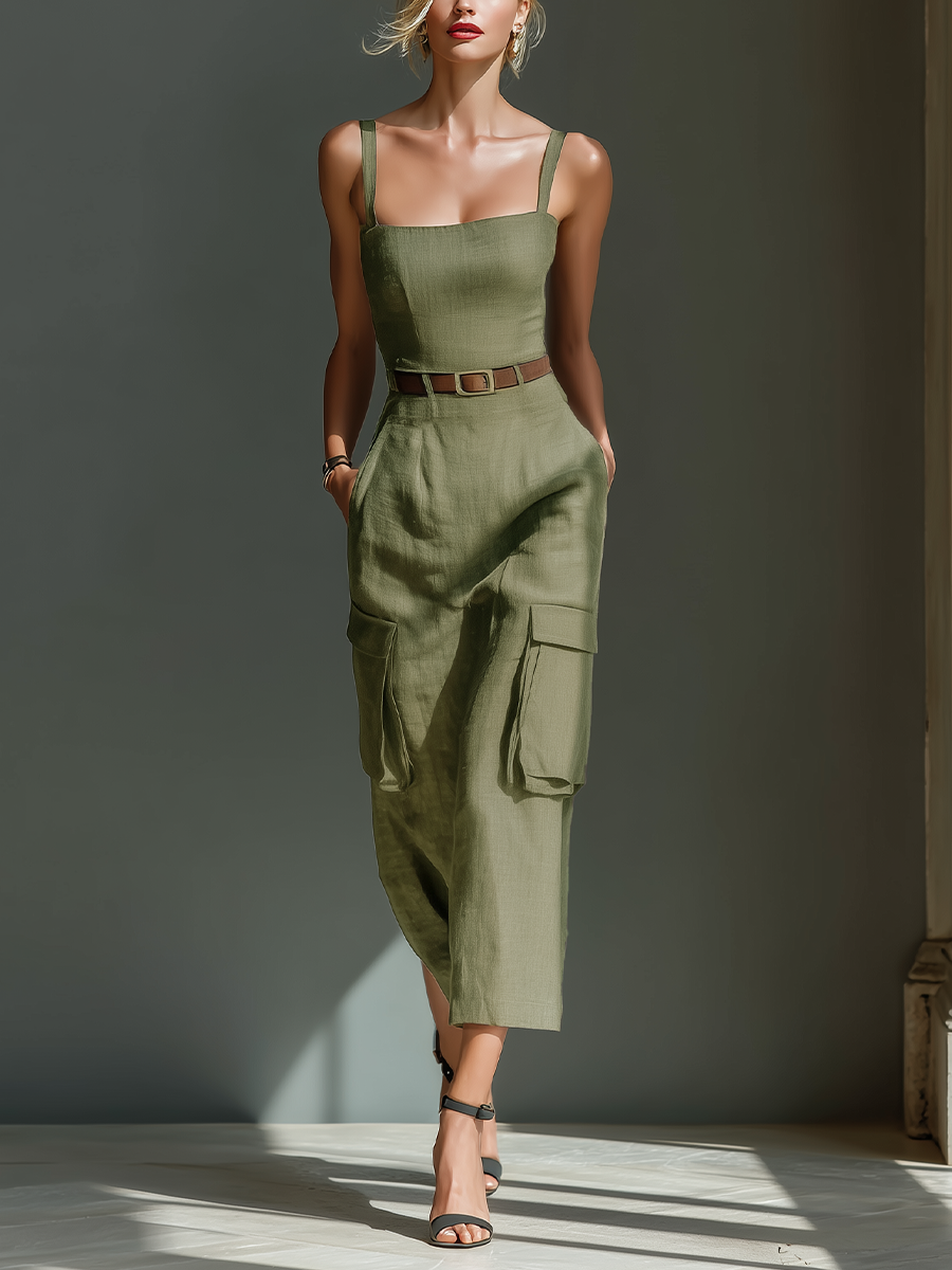 Women's Olive Green Linen Fabric Sleeveless Midi Dress With Cargo Pock –  Modesees