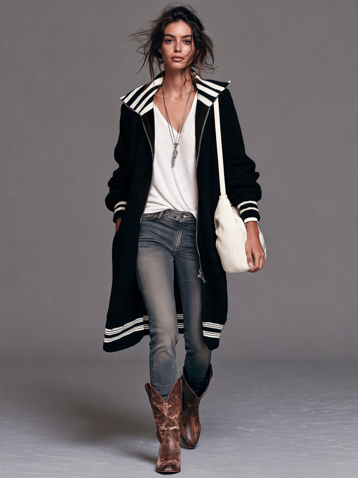 Women's Vintage Color-Block Striped Zip-Up Mid-Length Cardigan MDZ2550H4WY