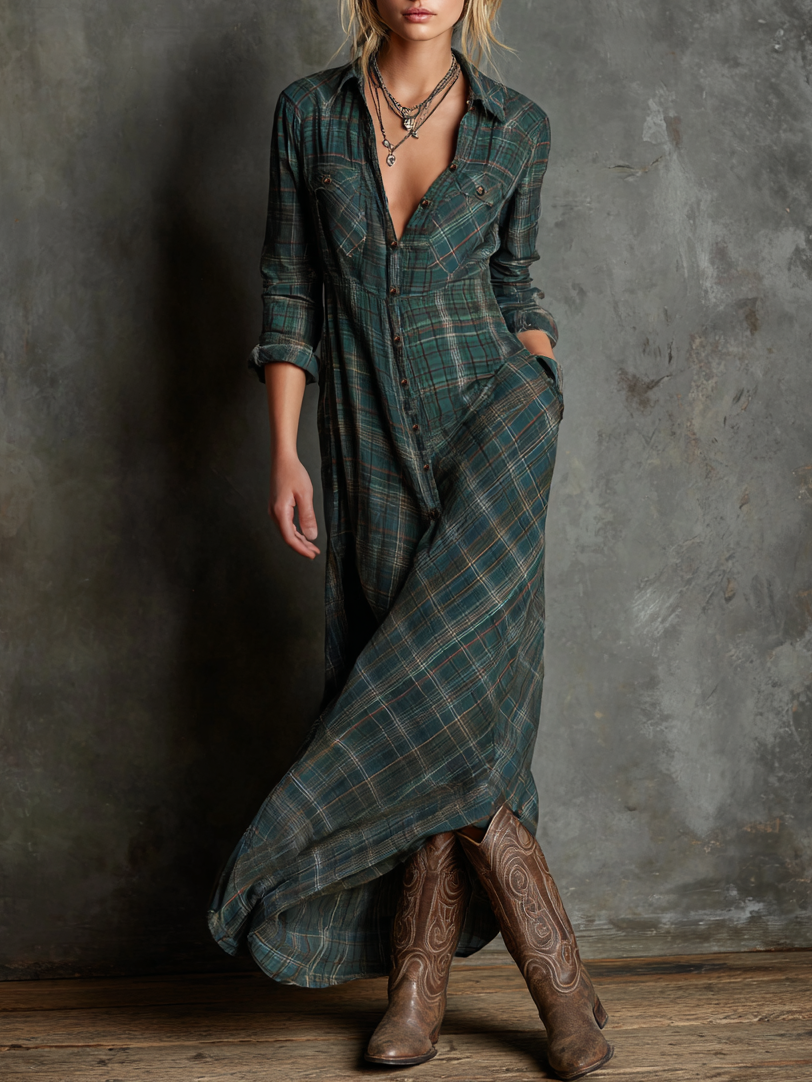 Women's Plaid Lapel Single-Breasted Shirt Maxi Dress MDA1249H1Y – Modesees