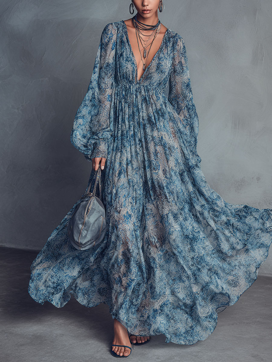 Women's Bohemian Style Blue Floral Print V-Neck Lantern Sleeve Chiffon – Modesees