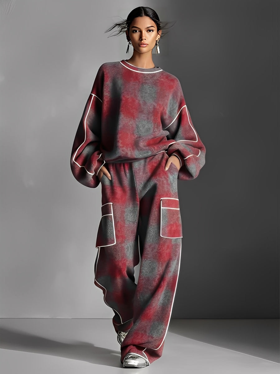Women's Red And Gray Plaid Brushed Distressed Street Style Color-Blocked Piping Pantsuit Set MDA1065K4I