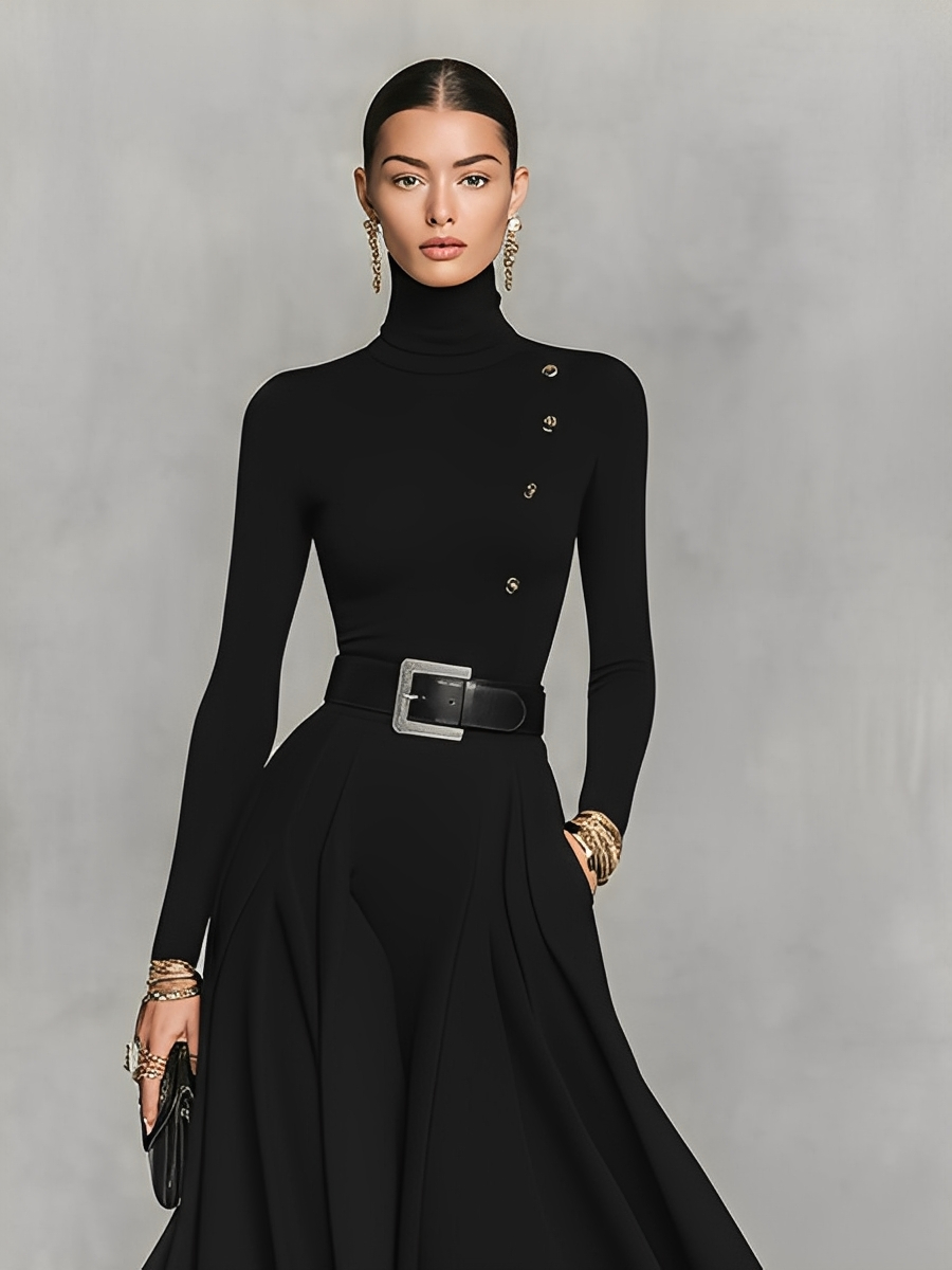 Women's Black Knit Elegant High Neck Button Detail Maxi Dress MDA1183K0I