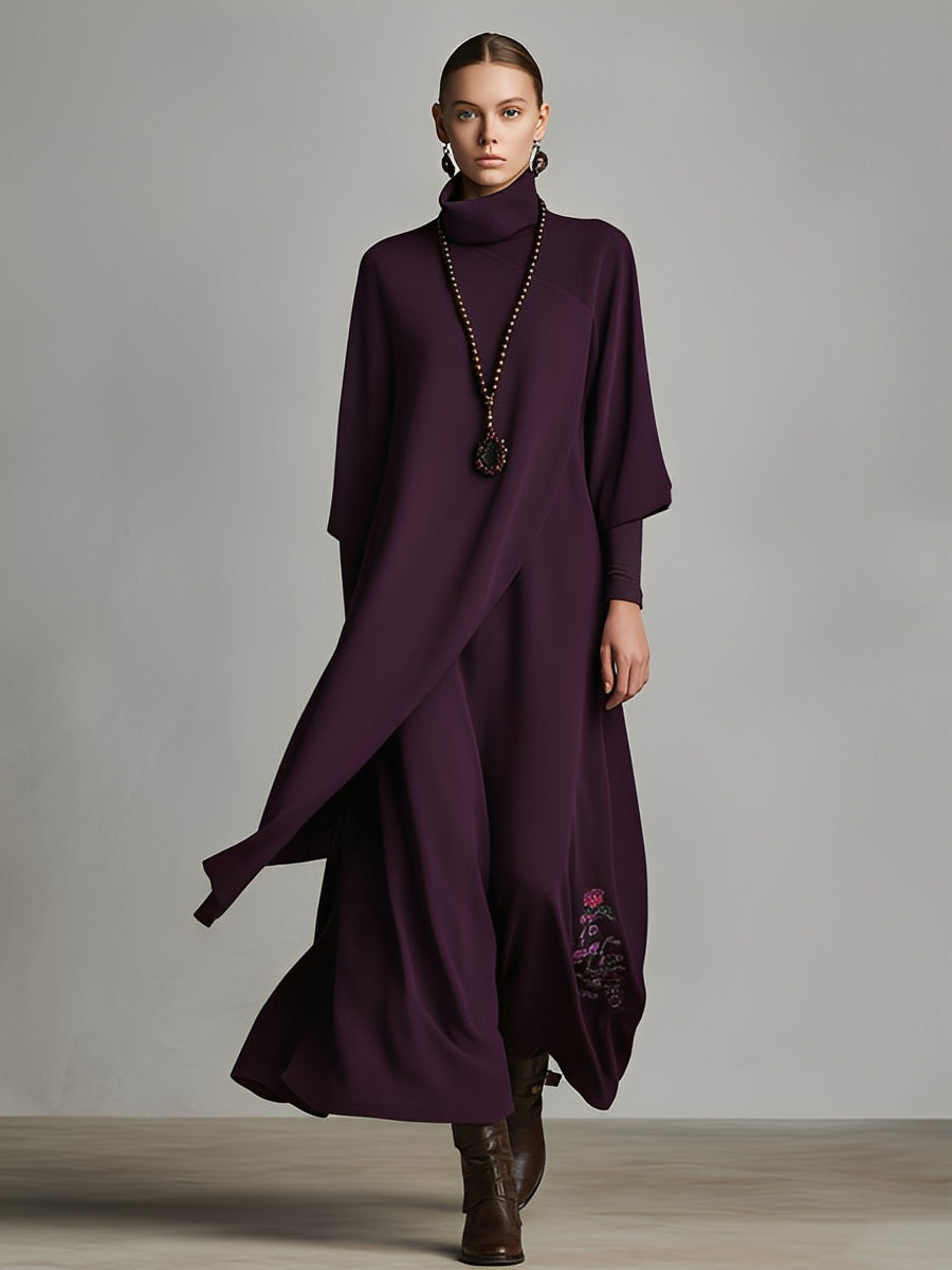 Women's Plum Draped Cotton-Blend Jersey Elegant Turtleneck Embroidered Maxi Dress MDA1202K8I