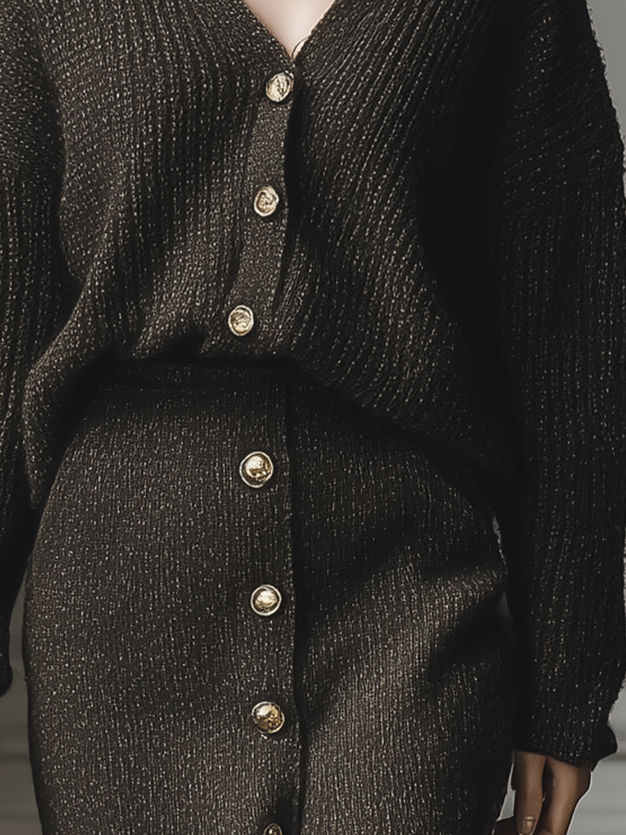 Women's Black Knit Cardigan Top And Button Skirt Set MDA2365J2T