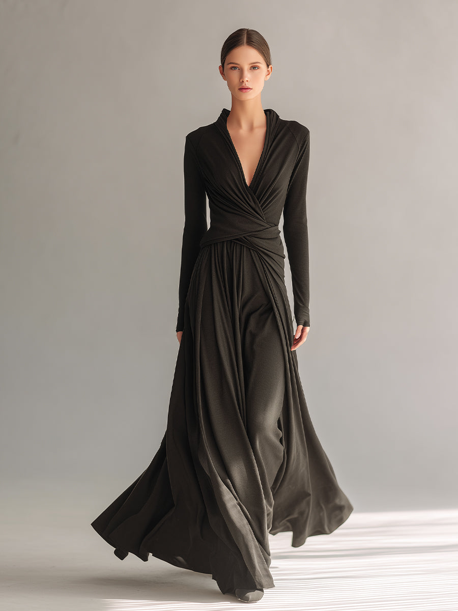Women's Black Stretchy Cotton Dress With Deep V-Neck & Wrap Waist, Timeless Elegant-Evening Style Maxi Dress MDA1742L2I