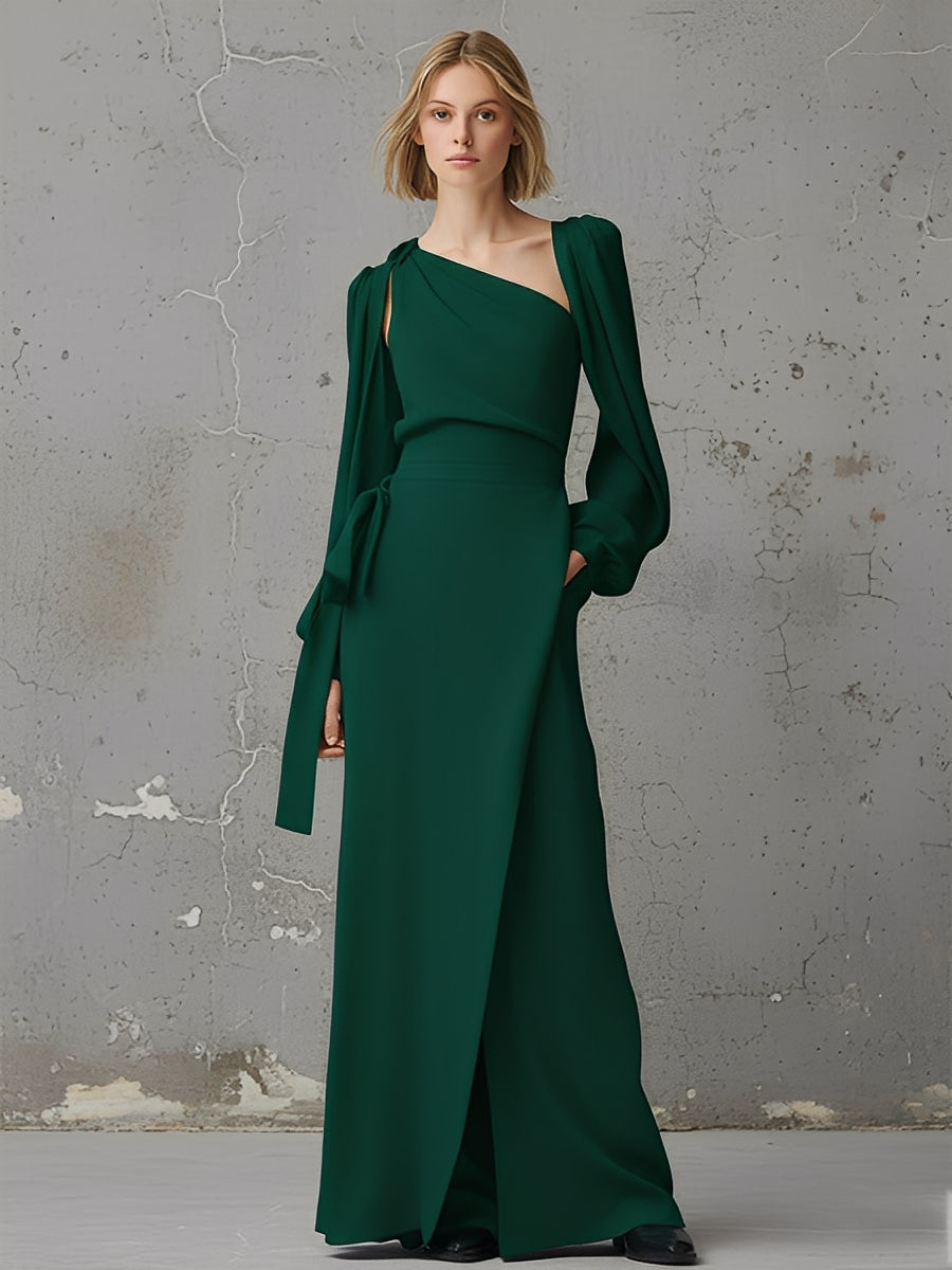 Women's Forest Green Flowing Dress With Cinched Waist & Statement Sleeves, Sophisticated Formal Style Dress MDA1536L9I