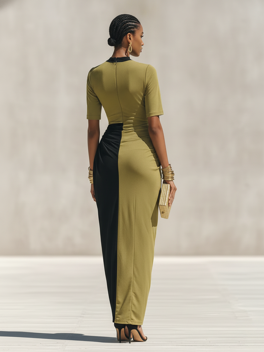 Women's Black & Olive Green Color-Block Jersey Maxi Dress With High Neck & Waist Ruched Detail, Elegant Bodycon Evening Dress MDZ0948F9LYL