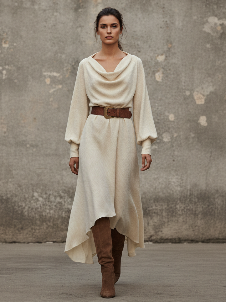 Women's Minimalist Blended Fabric Draped Neck Asymmetrical Hem Midi Dress (belt Not Included) MDA0871K8Y