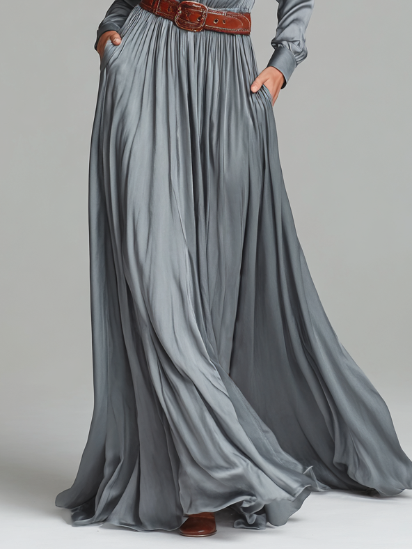 Women's Satin Shirt Long-sleeved Floor-length Maxi Dress (Without Belt) MDA0732H4Y