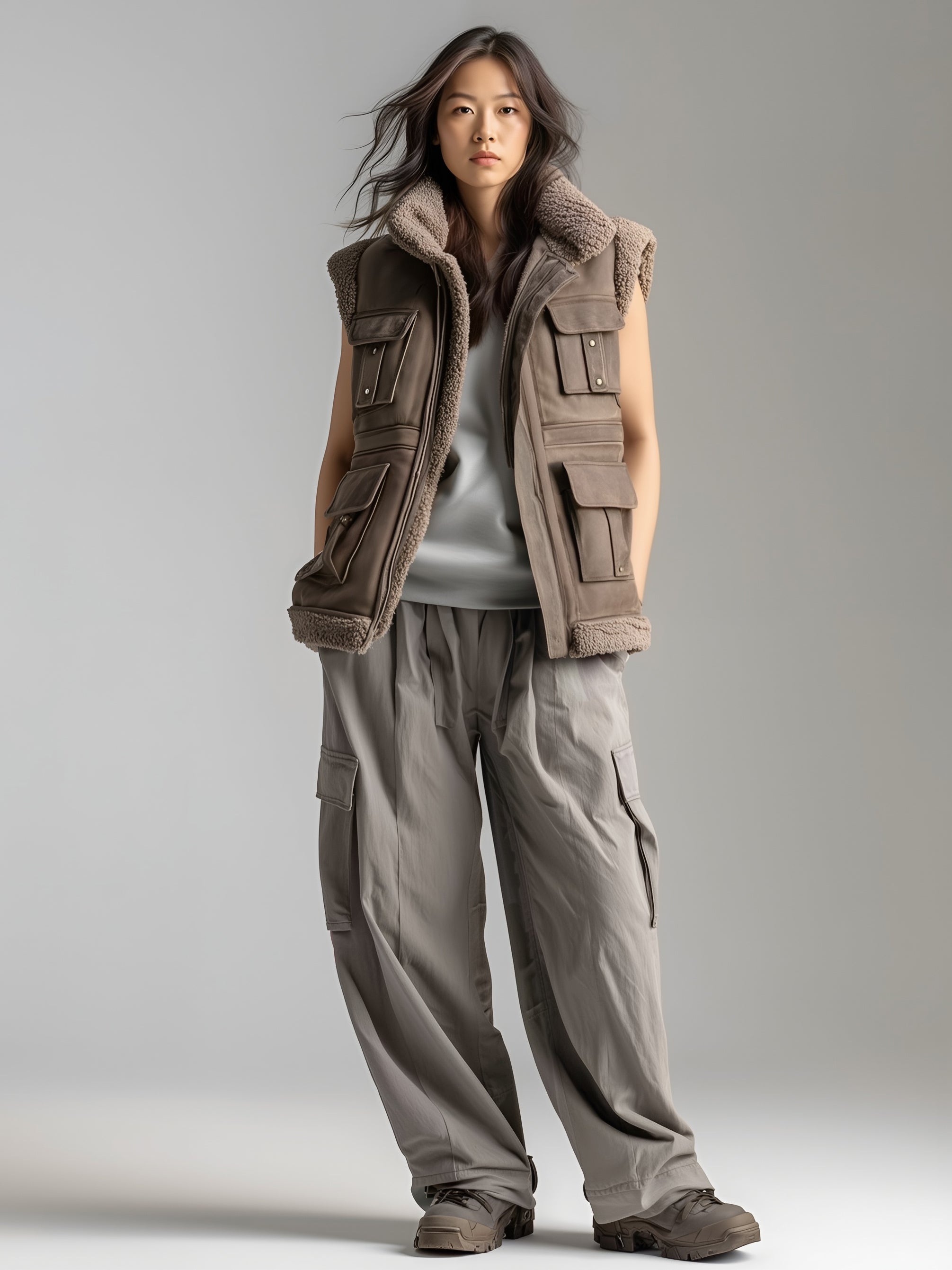 Women's Fashionable Casual Cool Brown Leather Vest With Pockets, Collar Lining With Fleece Trim MDA2786K7AN