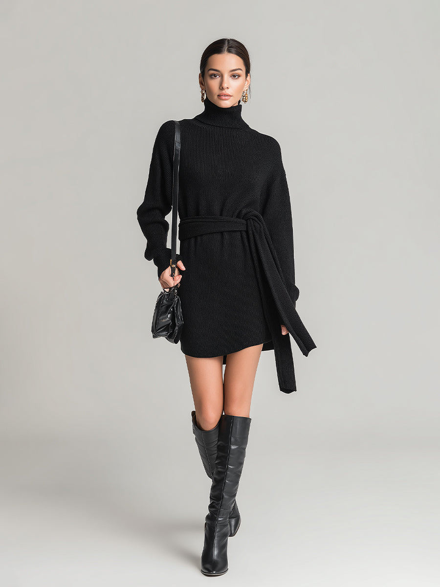 Women's Black Rib-Knit Chic Turtleneck Tie-Waist Sweater Dress MDA0114K4I
