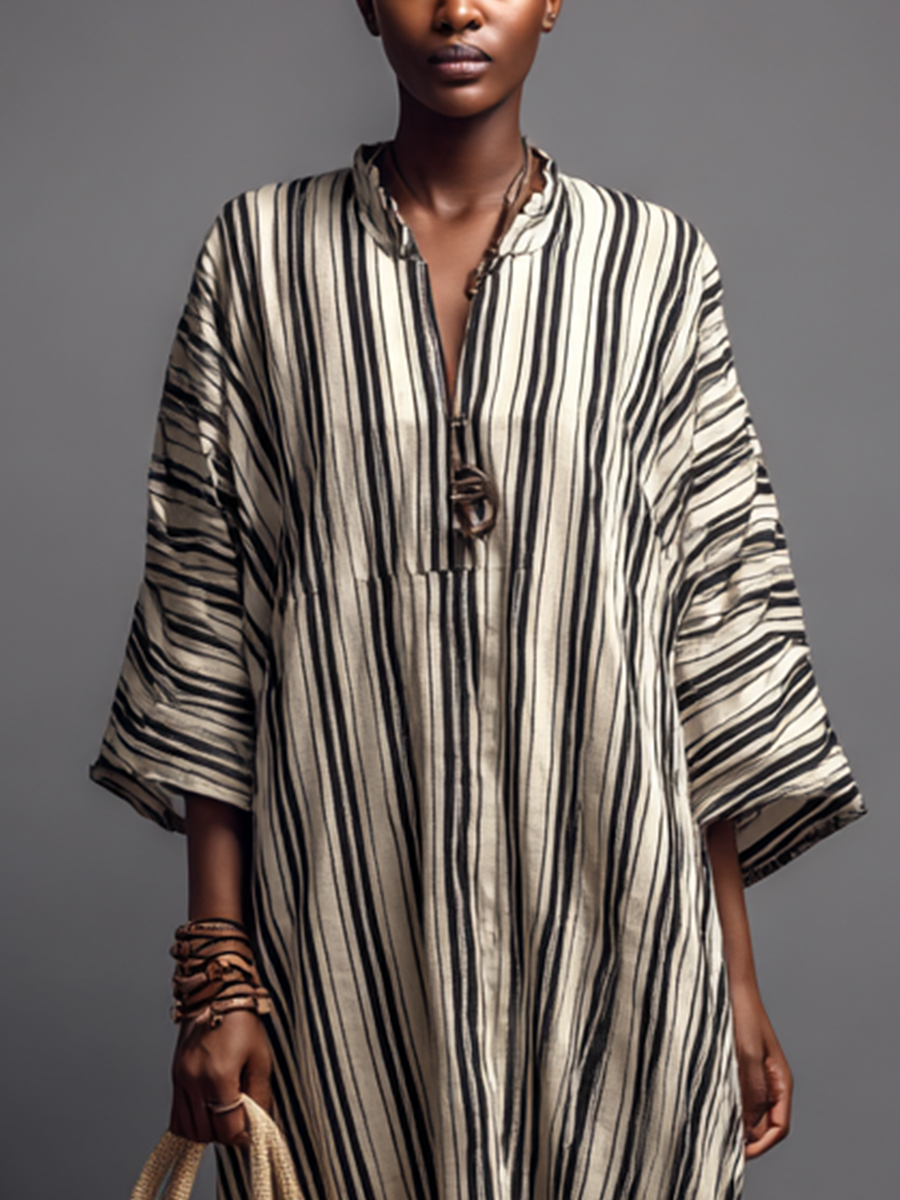 Women's Retro-style Beige And Black Striped Cotton-linen Loose-fitting Long Dress MDZ1284B2BA