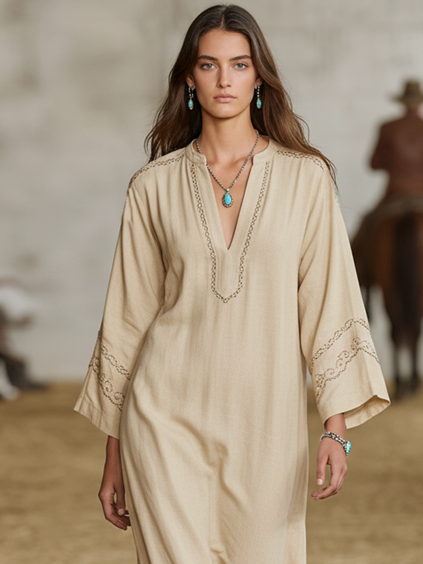 Women's Cotton And Linen V-neck Loose Straight-fit Maxi Dress MDA0497L5Y