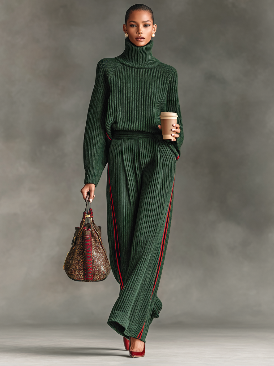 Women's Loose Red Trimmed Turtleneck Sweater Straight Pants Knitted Set MDA2420I4Y